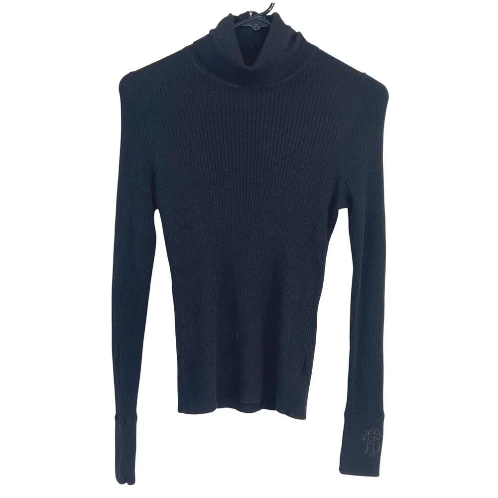 Tory Burch 100% Wool Turtleneck Sweater Large Black Ribbed Quarter Zip Preppy